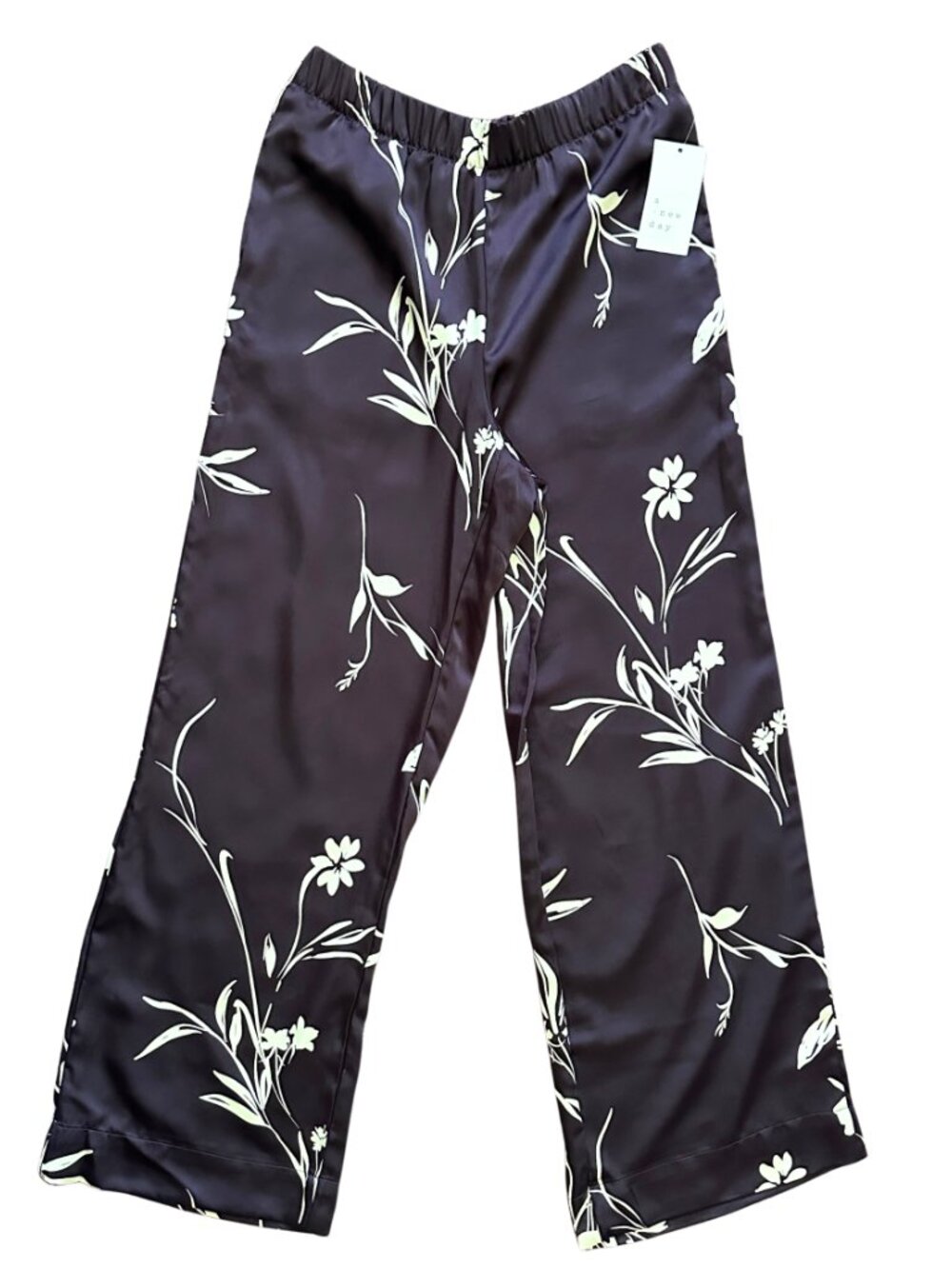 NWT a new day Chocolate Brown Wide-Leg Floral Pants with Cream Print XS - Picture 2 of 10